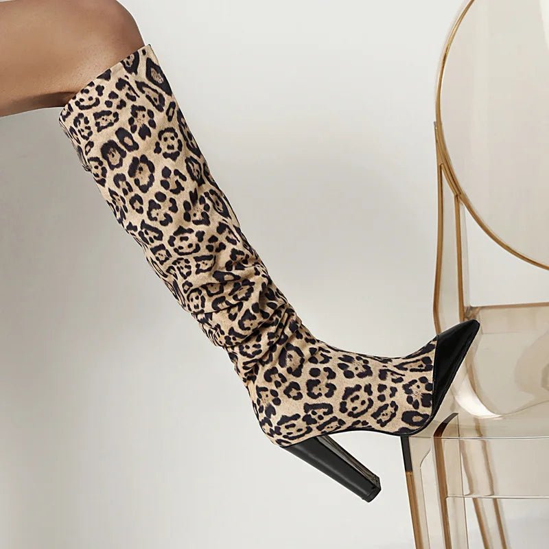 Patchwork Pointed Toe Wrinkle Knee High Boots Sexy Lady Party Dress Shoes - LiveTrendsX