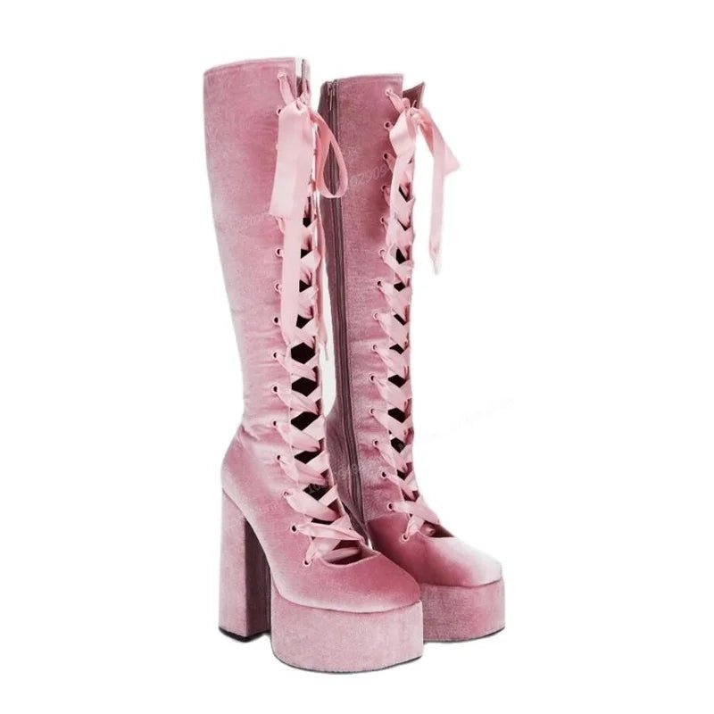 Pink Suede Knee High Boots Cross Tied Hollow Out Round Toe Shoes for Women - LiveTrendsX