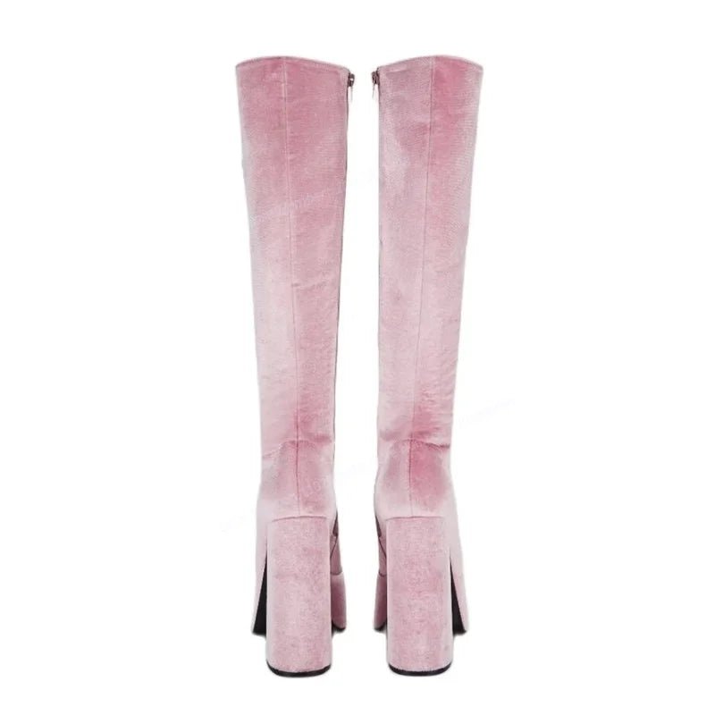 Pink Suede Knee High Boots Cross Tied Hollow Out Round Toe Shoes for Women - LiveTrendsX