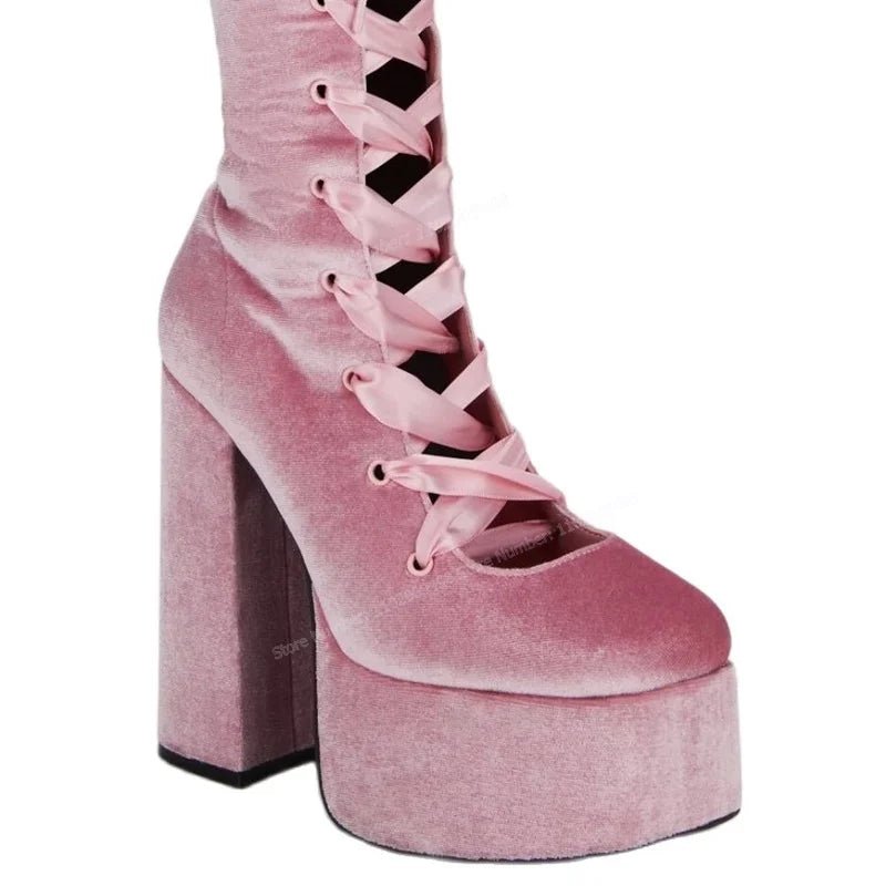 Pink Suede Knee High Boots Cross Tied Hollow Out Round Toe Shoes for Women - LiveTrendsX
