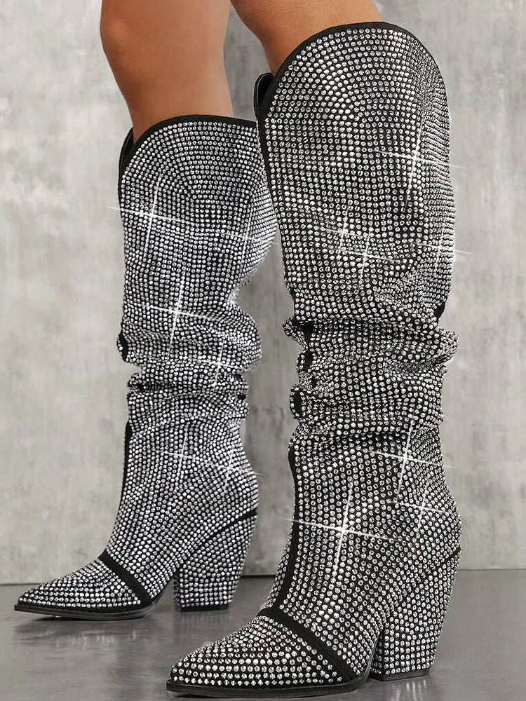 Rhinestone - Embellished Slouchy Knee - High Women Boots - LiveTrendsX
