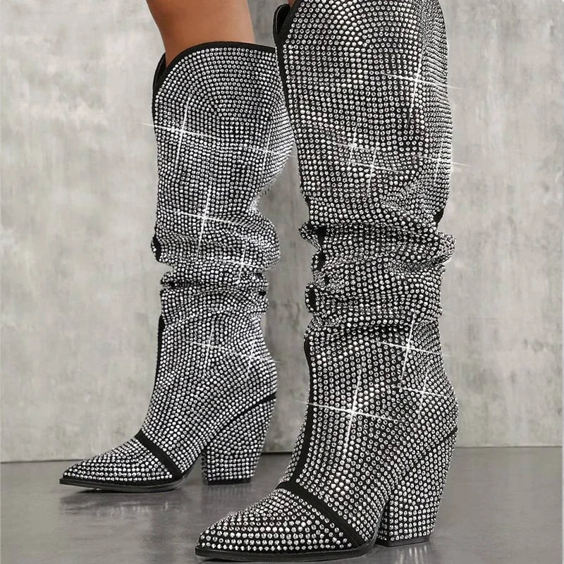 Rhinestone - Embellished Slouchy Knee - High Women Boots - LiveTrendsX