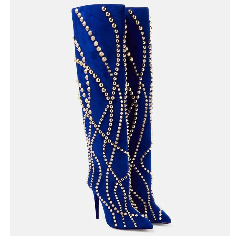 Rivet line Pointed Stiletto knee - high boots woman slip - on suede mid - calf boots - LiveTrendsX