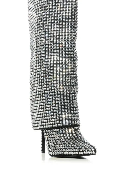 Silver Rhinestone Knee - High Women's Stiletto Boots - LiveTrendsX