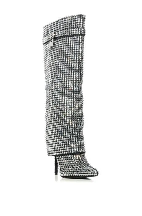 Silver Rhinestone Knee - High Women's Stiletto Boots - LiveTrendsX