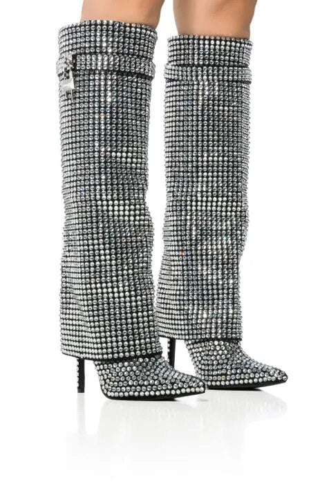 Silver Rhinestone Knee - High Women's Stiletto Boots - LiveTrendsX