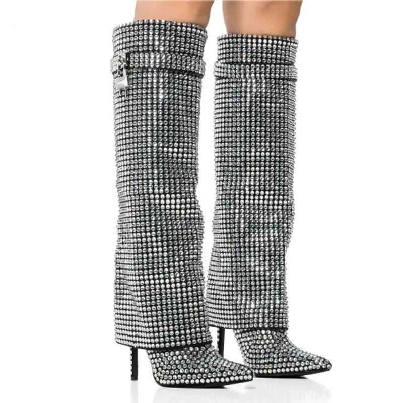 Silver Rhinestone Knee - High Women's Stiletto Boots - LiveTrendsX