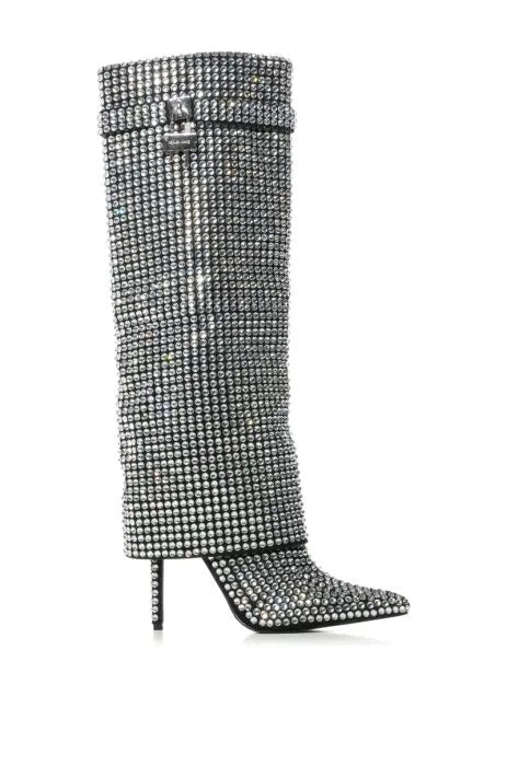 Silver Rhinestone Knee - High Women's Stiletto Boots - LiveTrendsX