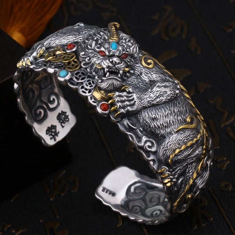 Sterling Silver Men's Wide Classic Fashion Domineering Pixiu Bracelet - LiveTrendsX