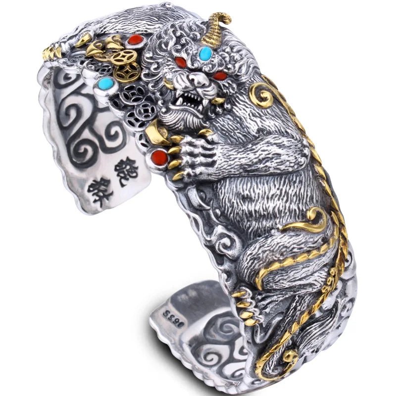 Sterling Silver Men's Wide Classic Fashion Domineering Pixiu Bracelet - LiveTrendsX