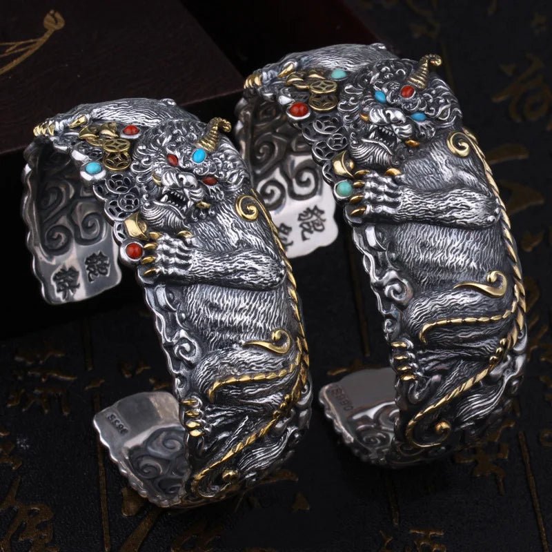Sterling Silver Men's Wide Classic Fashion Domineering Pixiu Bracelet - LiveTrendsX