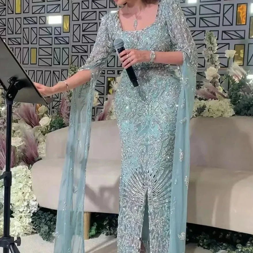 Turquoise Beaded Mermaid Dress Square Neck & Cape Sleeves Evening Gown - LiveTrendsX