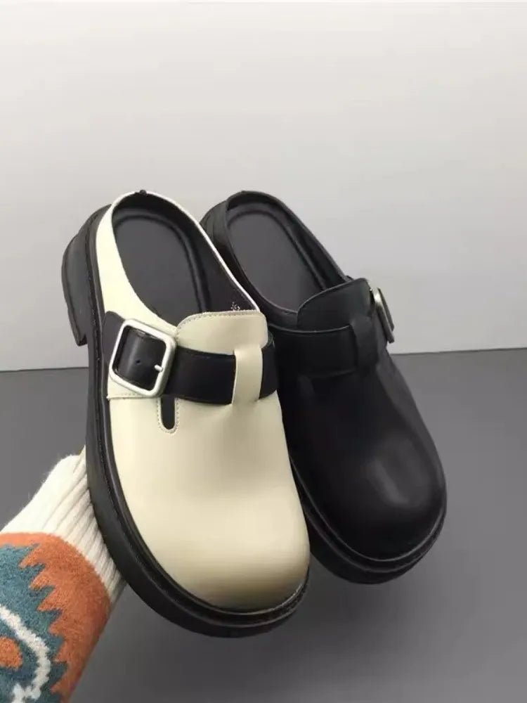 Versatile Genuine Leather Round Toe Mule Slippers for Women - LiveTrendsX