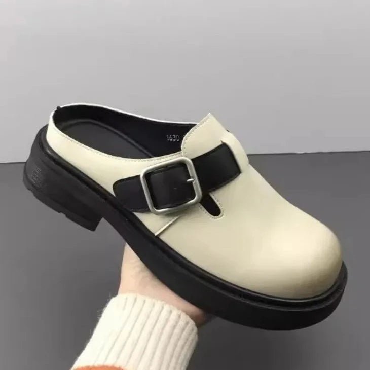 Versatile Genuine Leather Round Toe Mule Slippers for Women - LiveTrendsX