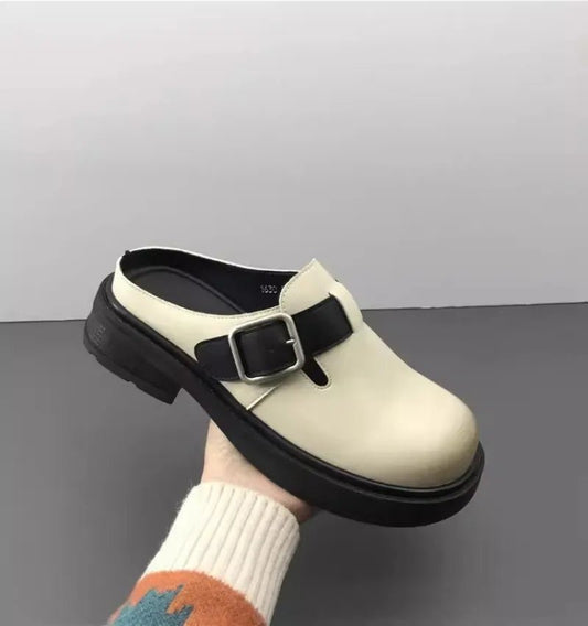 Versatile Genuine Leather Round Toe Mule Slippers for Women - LiveTrendsX