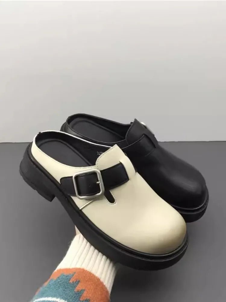 Versatile Genuine Leather Round Toe Mule Slippers for Women - LiveTrendsX