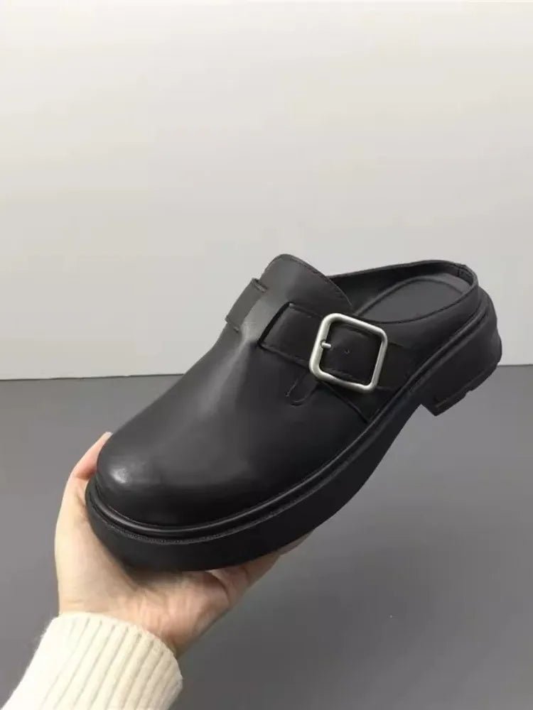 Versatile Genuine Leather Round Toe Mule Slippers for Women - LiveTrendsX