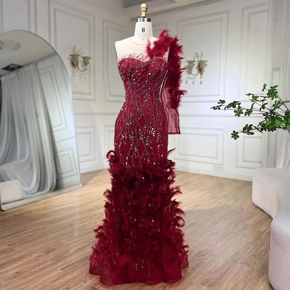 Wine Red Mermaid Dress - Beaded & Feathered Luxury Evening Gown - LiveTrendsX