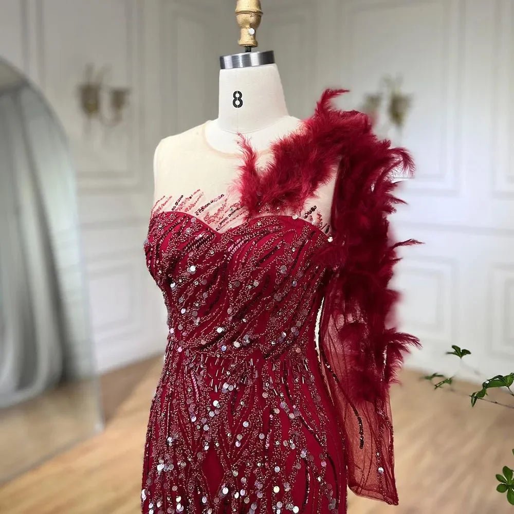 Wine Red Mermaid Dress - Beaded & Feathered Luxury Evening Gown - LiveTrendsX