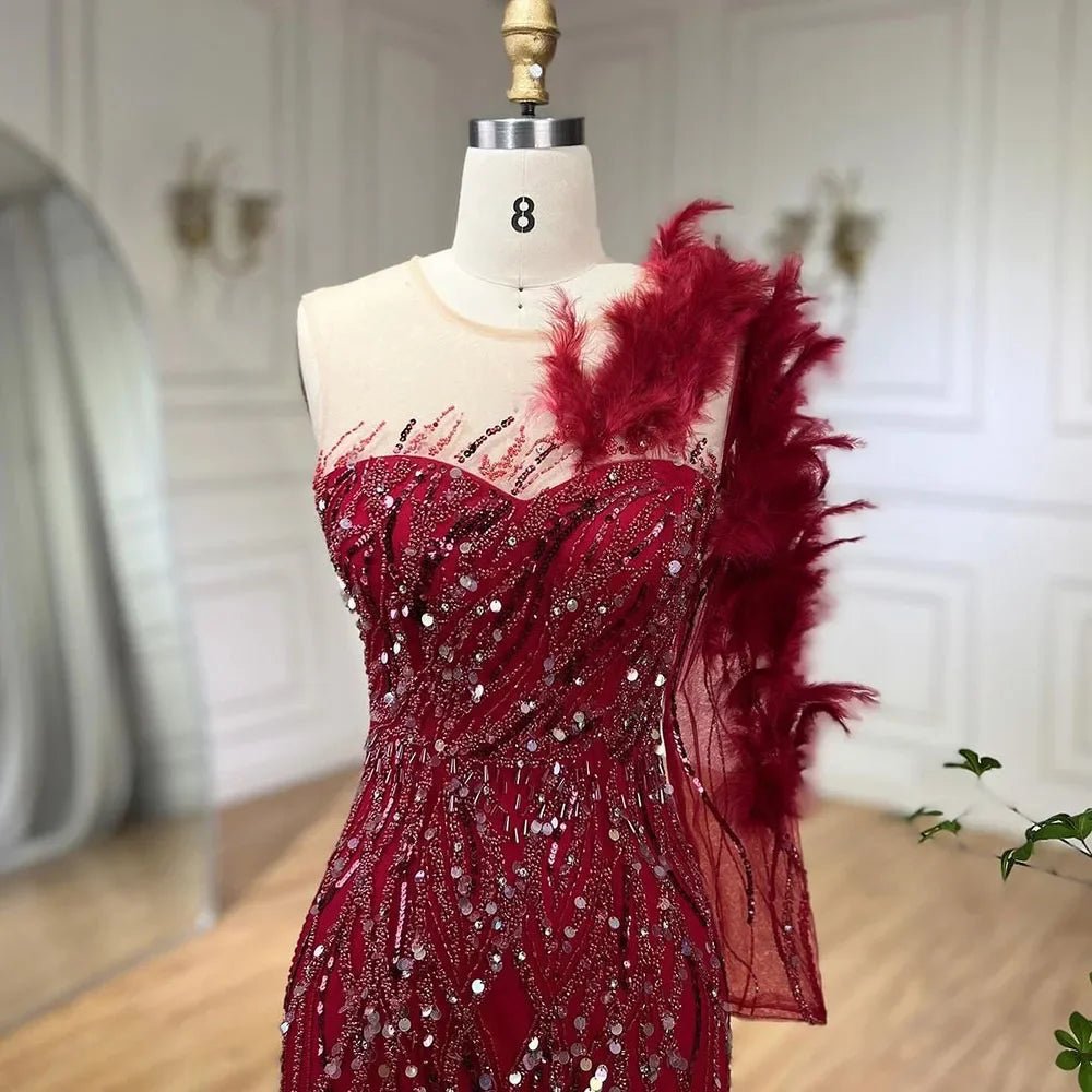 Wine Red Mermaid Dress - Beaded & Feathered Luxury Evening Gown - LiveTrendsX