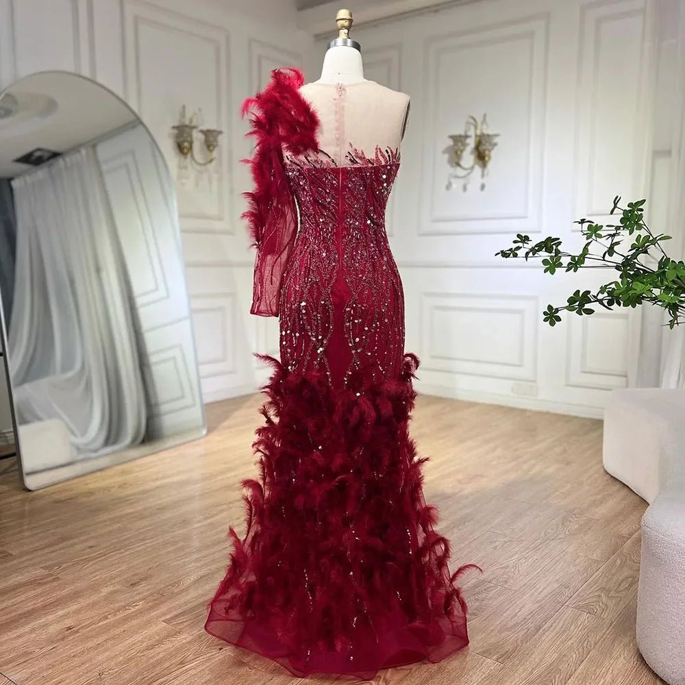 Wine Red Mermaid Dress - Beaded & Feathered Luxury Evening Gown - LiveTrendsX