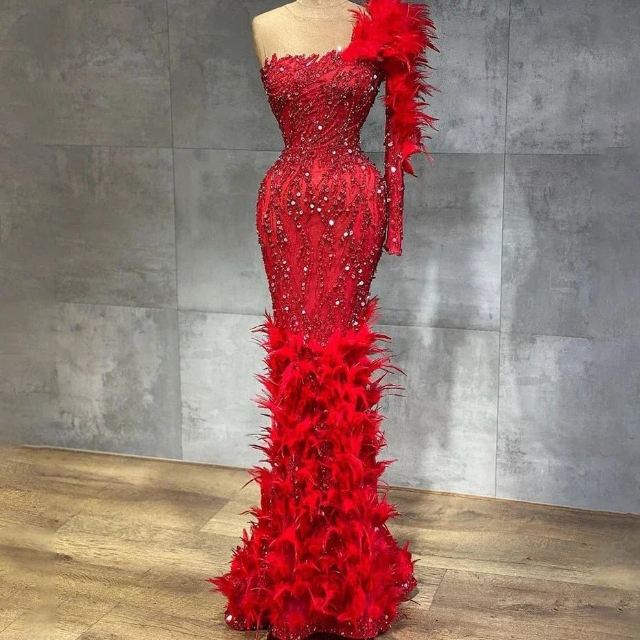 Wine Red Mermaid Dress - Beaded & Feathered Luxury Evening Gown - LiveTrendsX