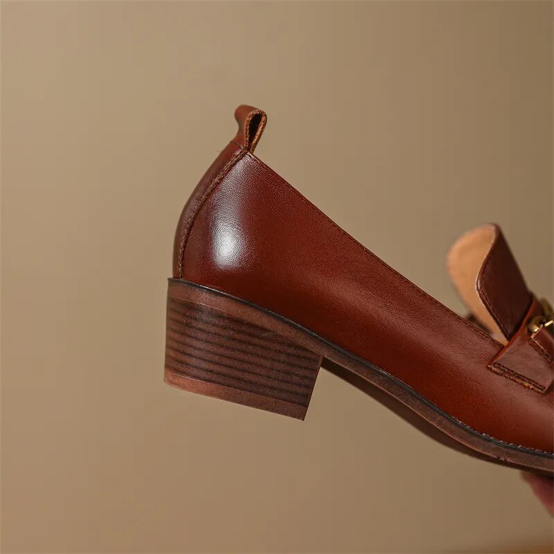 Women Chunky Heel Cow Leather Oxfords British Style Pumps - LiveTrendsX