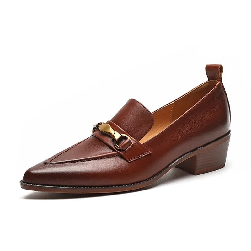 Women Chunky Heel Cow Leather Oxfords British Style Pumps - LiveTrendsX