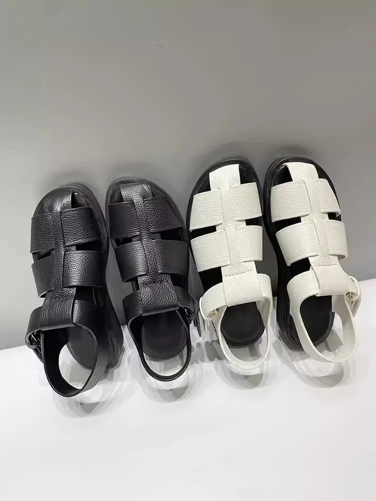 Women Cowhide Genuine Leather Sandals Buckle Strap Hollow Out Platform - LiveTrendsX