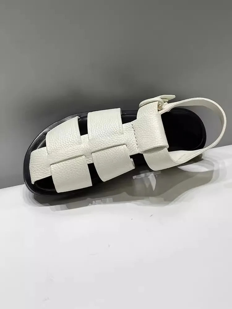 Women Cowhide Genuine Leather Sandals Buckle Strap Hollow Out Platform - LiveTrendsX