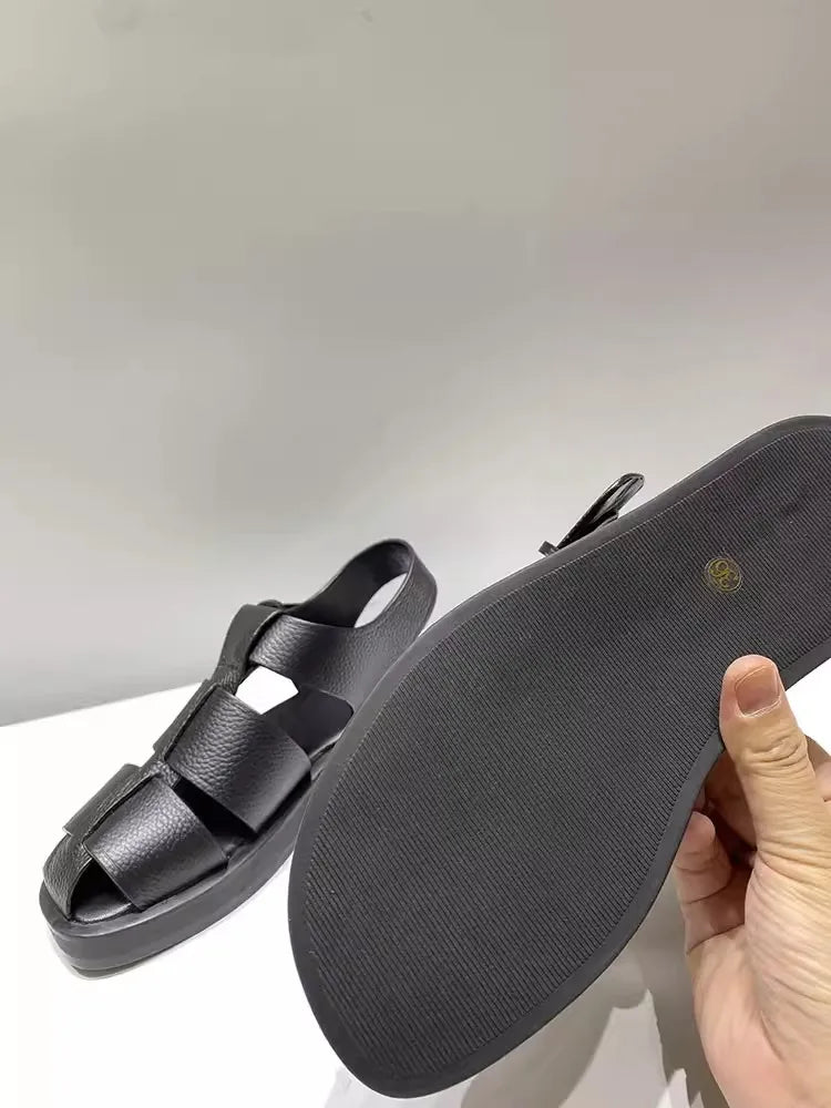 Women Cowhide Genuine Leather Sandals Buckle Strap Hollow Out Platform - LiveTrendsX