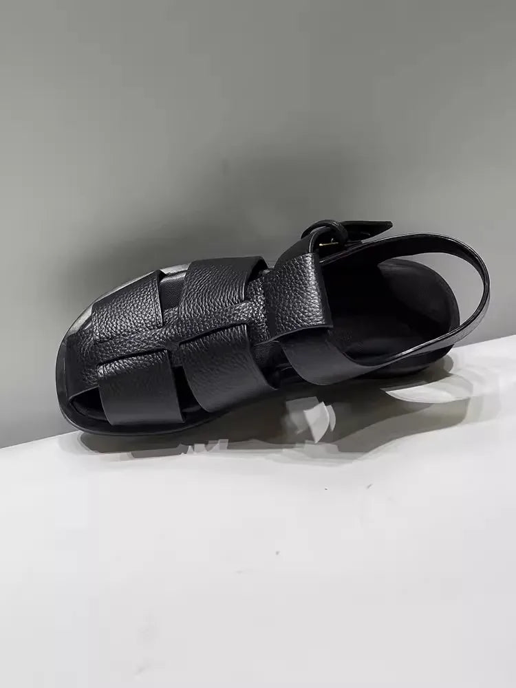 Women Cowhide Genuine Leather Sandals Buckle Strap Hollow Out Platform - LiveTrendsX