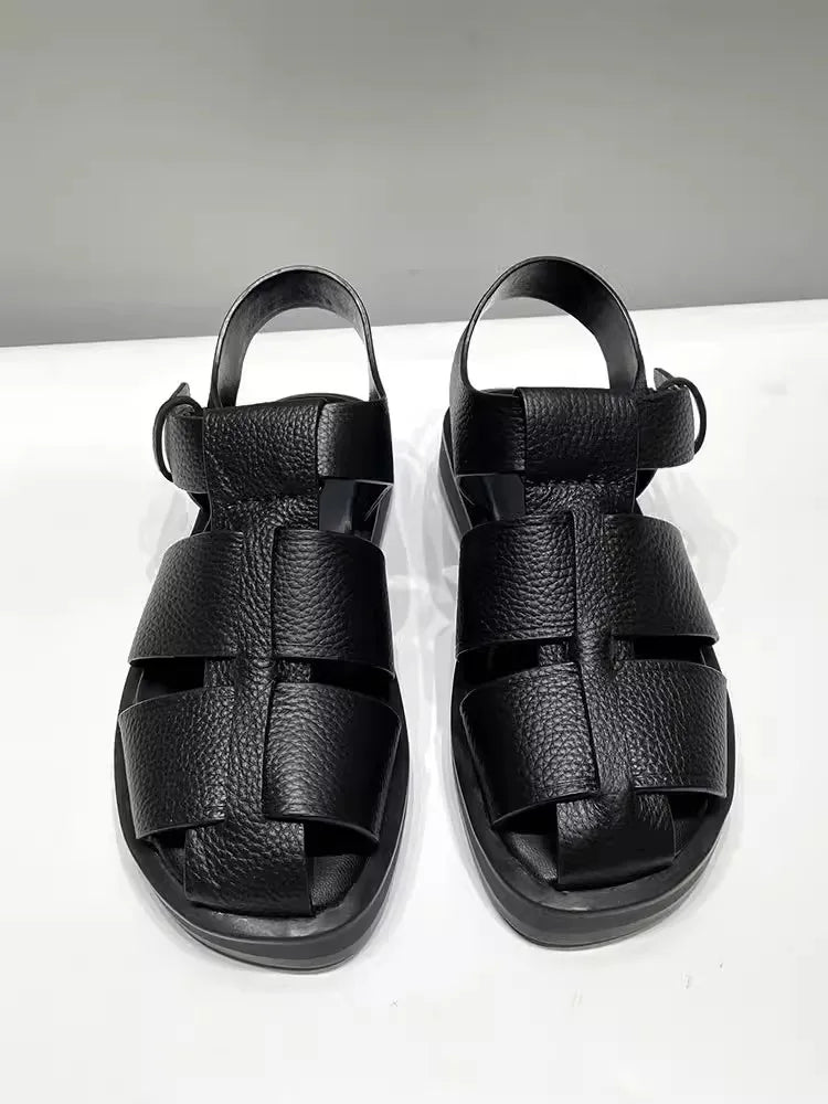 Women Cowhide Genuine Leather Sandals Buckle Strap Hollow Out Platform - LiveTrendsX