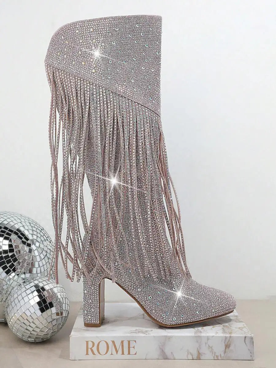 Women Fuchsia Sequin Fringe Knee - High Boots - LiveTrendsX