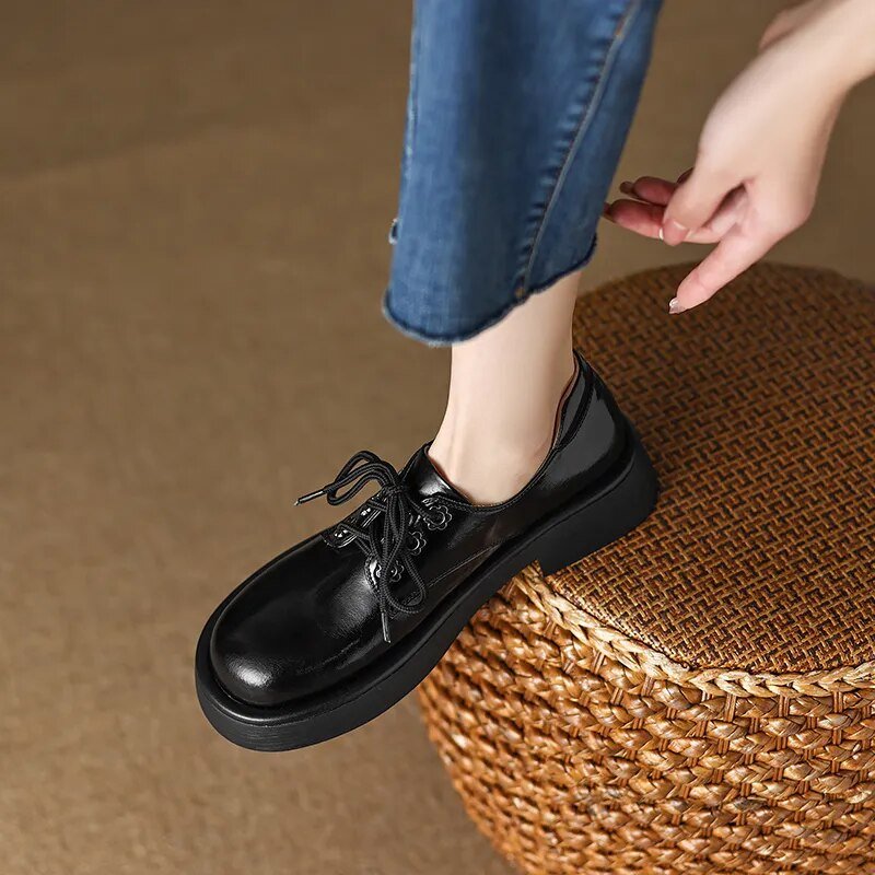 Women Genuine Leather Round Toe Oxford Loafers - LiveTrendsX