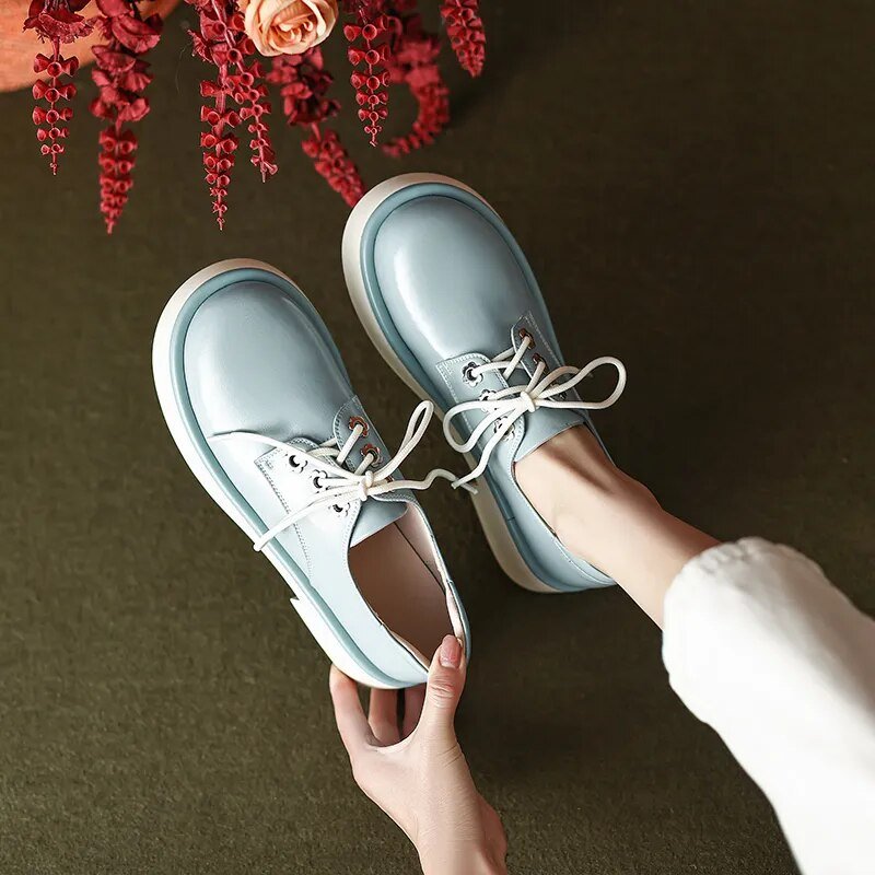 Women Genuine Leather Round Toe Oxford Loafers - LiveTrendsX