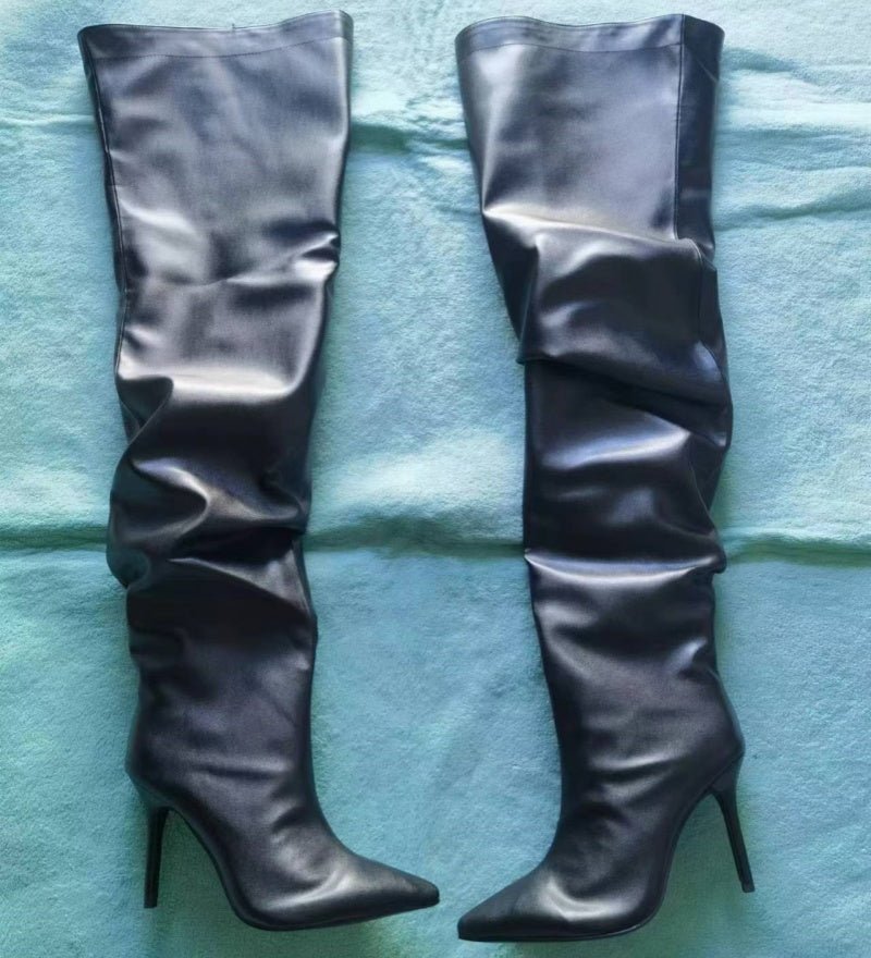 Women Wide Calf Slouchy Thigh High Boots Pointed Toe High Heel Shoes - LiveTrendsX