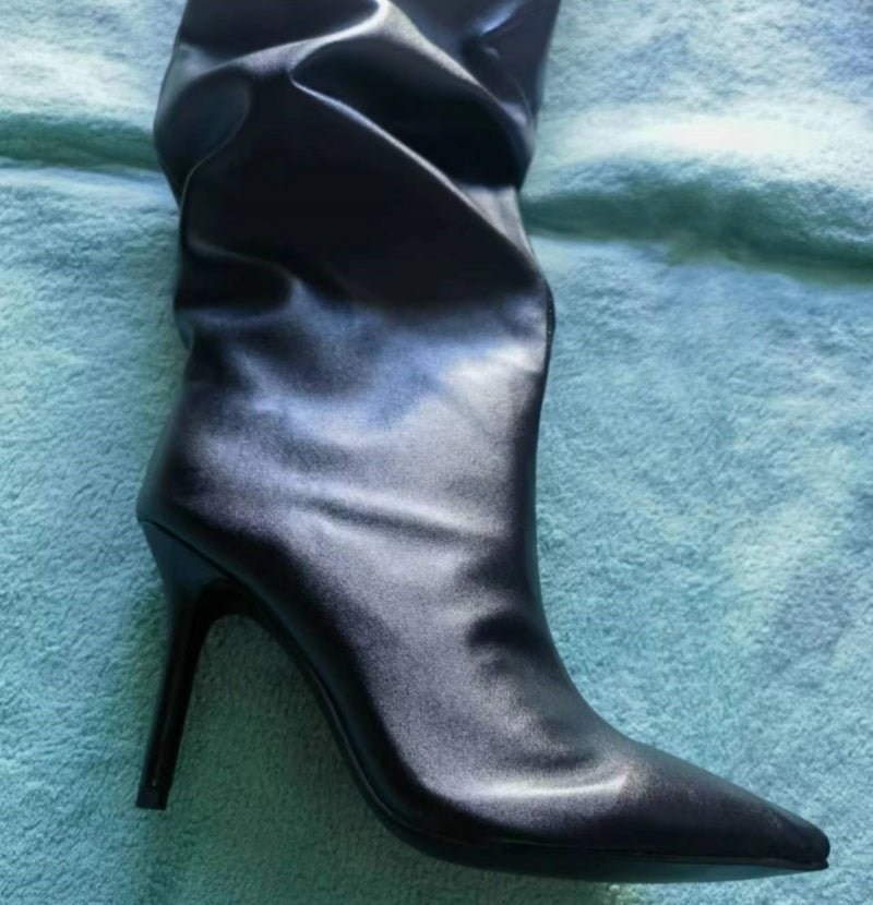 Women Wide Calf Slouchy Thigh High Boots Pointed Toe High Heel Shoes - LiveTrendsX