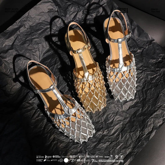 Women's New Summer European and American Comfortable Leather Cowhide Hollow Bird's Nest Low Heel Baotou Large size Roman Sandals - LiveTrendsX
