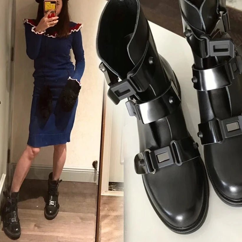 Women's Sultry Black Leather High Boots with Buckle Strap Platform - LiveTrendsX