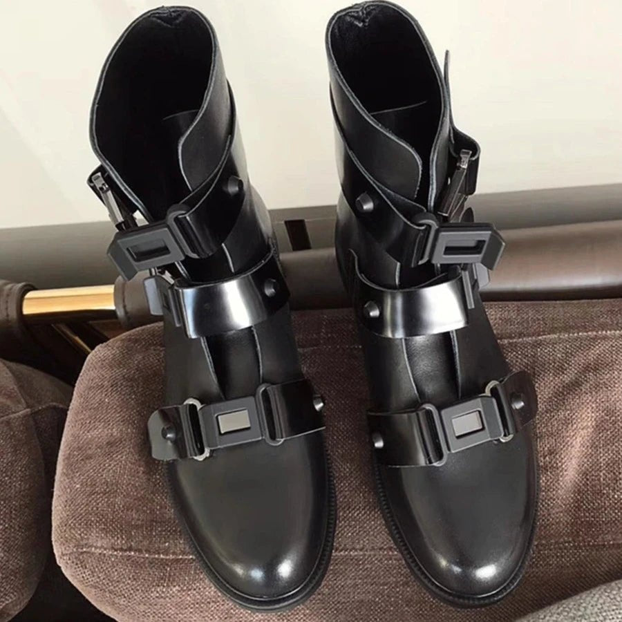 Women's Sultry Black Leather High Boots with Buckle Strap Platform - LiveTrendsX