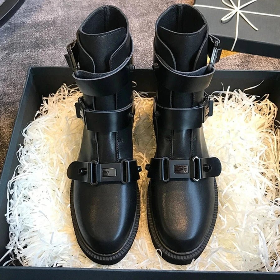 Women's Sultry Black Leather High Boots with Buckle Strap Platform - LiveTrendsX