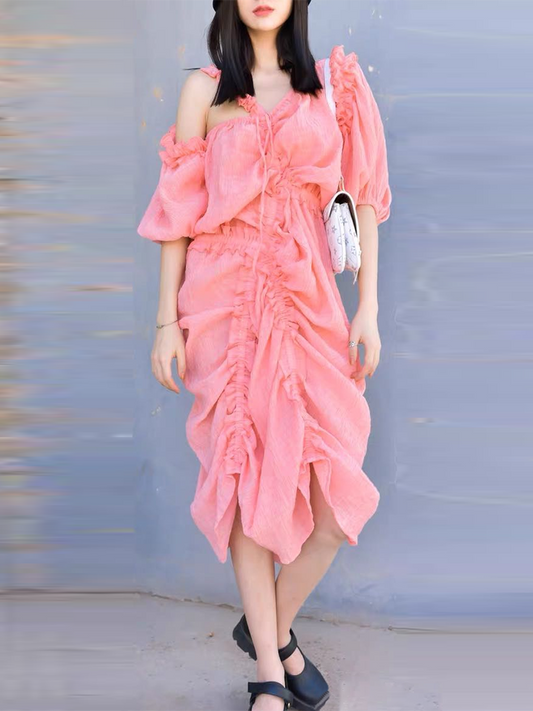 Irregular Fold Pleated Dress For Women Asymmetrical Collar