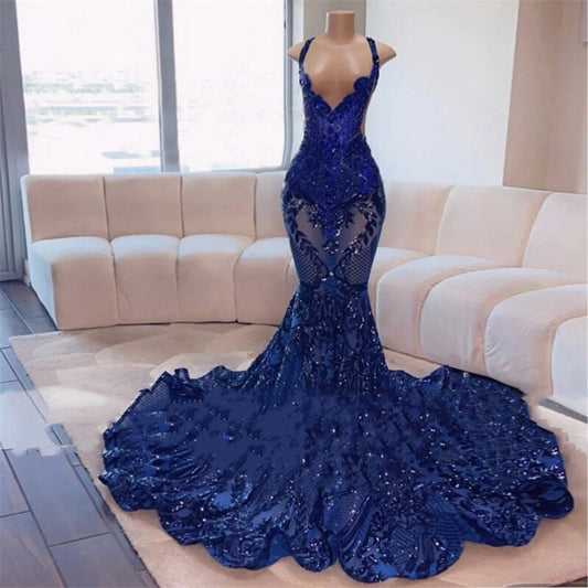 Glitter Royal Blue Mermaid Prom Dresses Crystal Gown