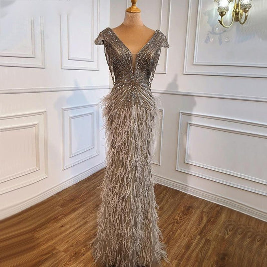 Brown Mermaid Elagant Luxury Evening Dresses Gowns Feathers Beading