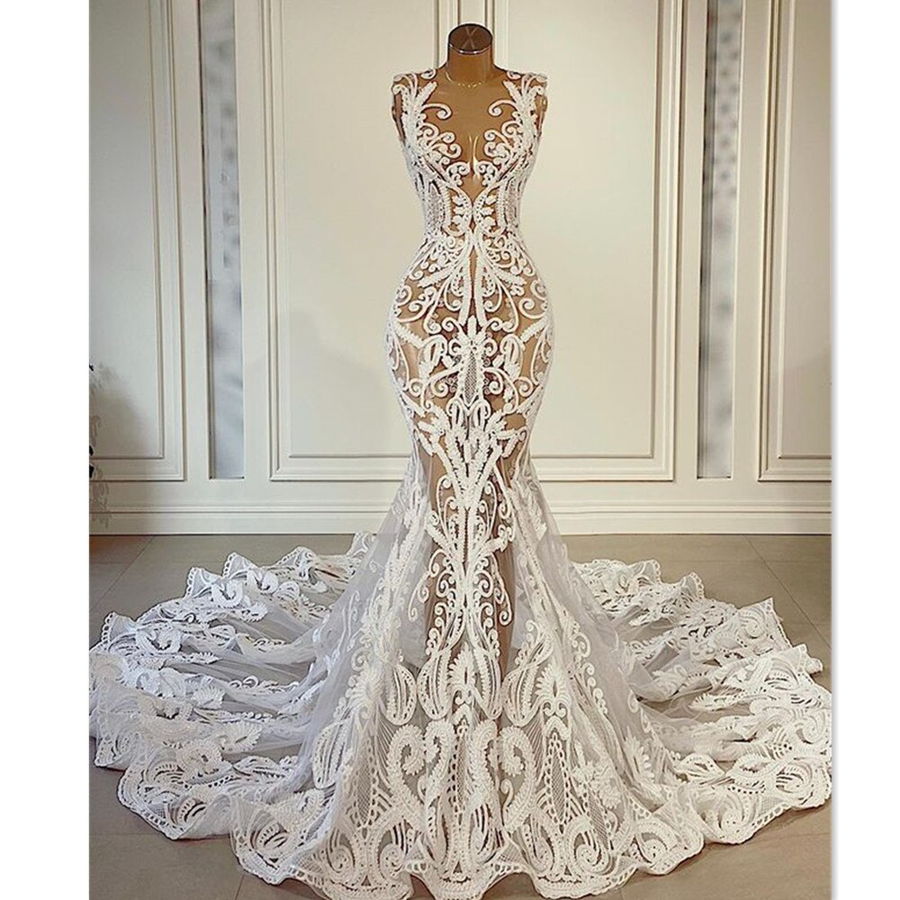 See Through Mermaid Wedding Dresses Illusion Lace Appliques Bridal Gowns