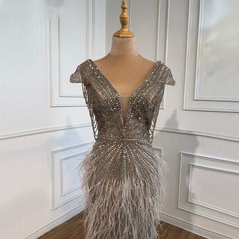 Brown Mermaid Elagant Luxury Evening Dresses Gowns Feathers Beading