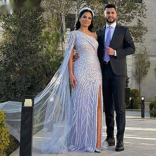 Lilac High Split Mermaid Evening Dresses Gowns Beaded Luxury