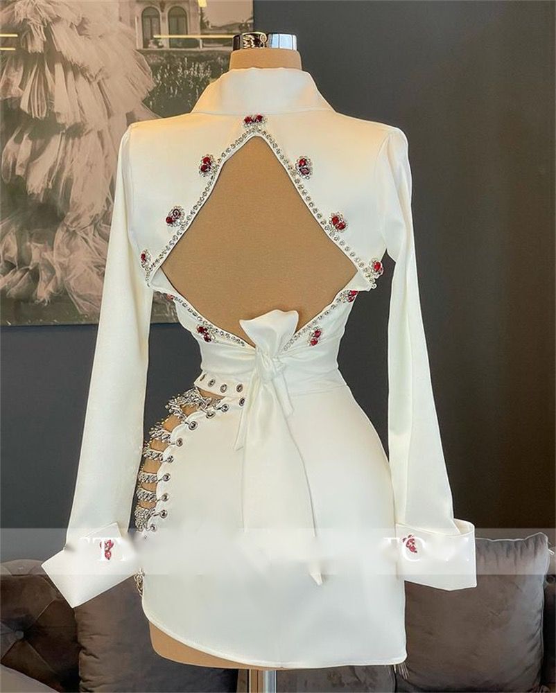 White Beaded Cross-Back Short Cocktail Dress