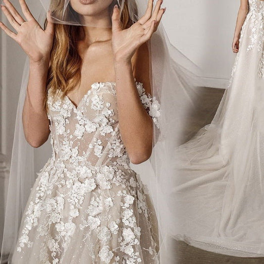 3D flower lace trailing tube top wedding dress - LiveTrendsX